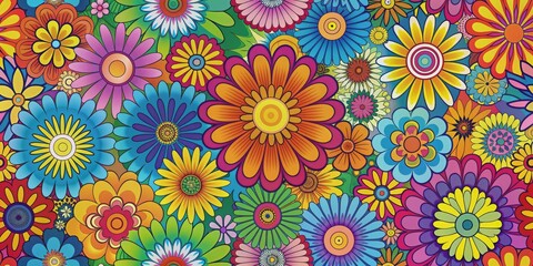 Colorful and psychedelic 1970's flower power graphic background design, retro, vintage, groovy, flowers, abstract, psychedelic