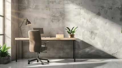 Elegant minimalist home office interior with textured walls wooden desk and comfortable seating in a welllit neutral space : Generative AI