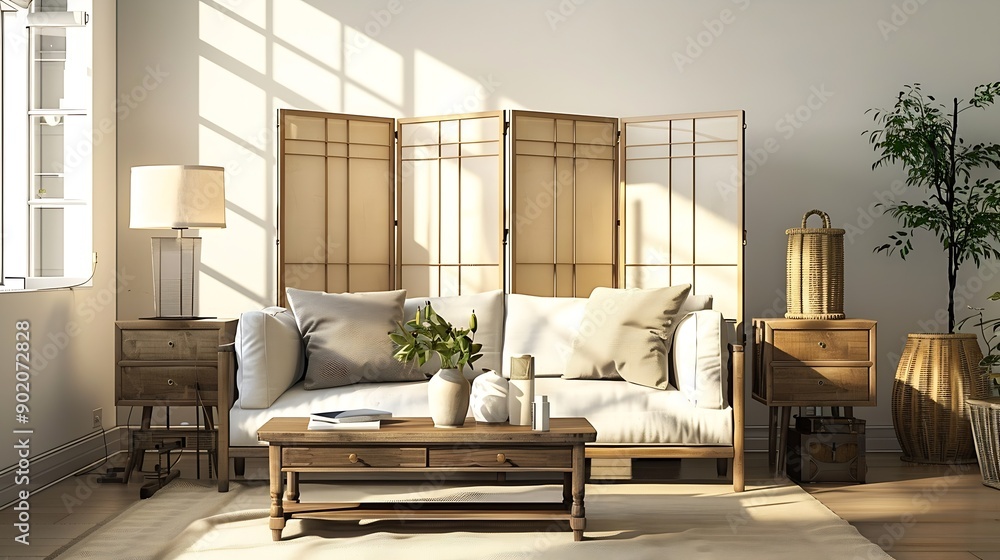 Poster light living room with folding screen comfortable sofa coffee table and chest of drawers : generativ