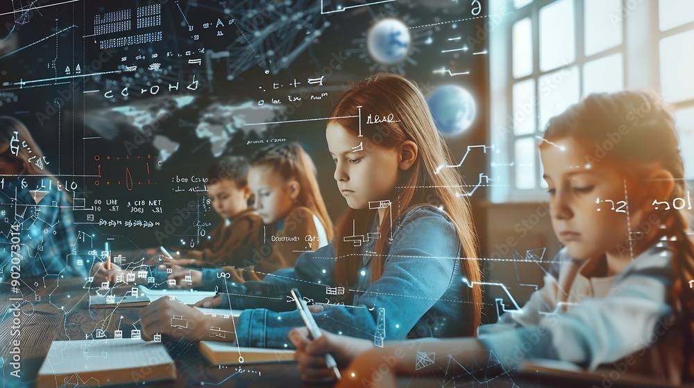Poster image of mathematical equations over diverse schoolchildren writing global education and digital int