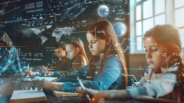 Image of mathematical equations over diverse schoolchildren writing Global education and digital interface concept digitally generated image : Generative AI