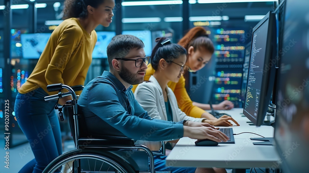 Fototapete Person with disability next to multiracial coworkers in data center coding on computer Wheelchair user and multiethnic team working together doing programming overseeing server cluster : Generative AI