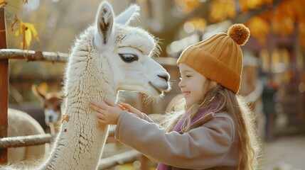 Cute young girl stroking an alpaca at a farm zoo on autumn day Child feeding a llama on an animal farm Kid at a petting zoo at fall Active leisure children outdoor : Generative AI