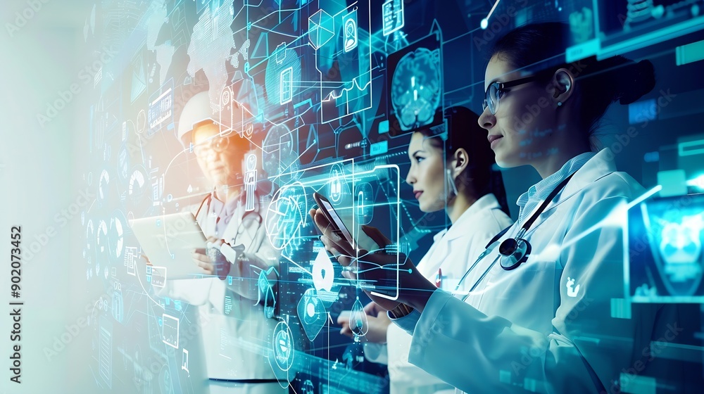 Poster doctor teamwork and technology on wall background for research planning and multimedia workflow heal