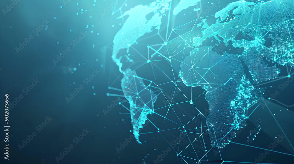 Poster light blue background with a digital world map and global network connections, representing the conc