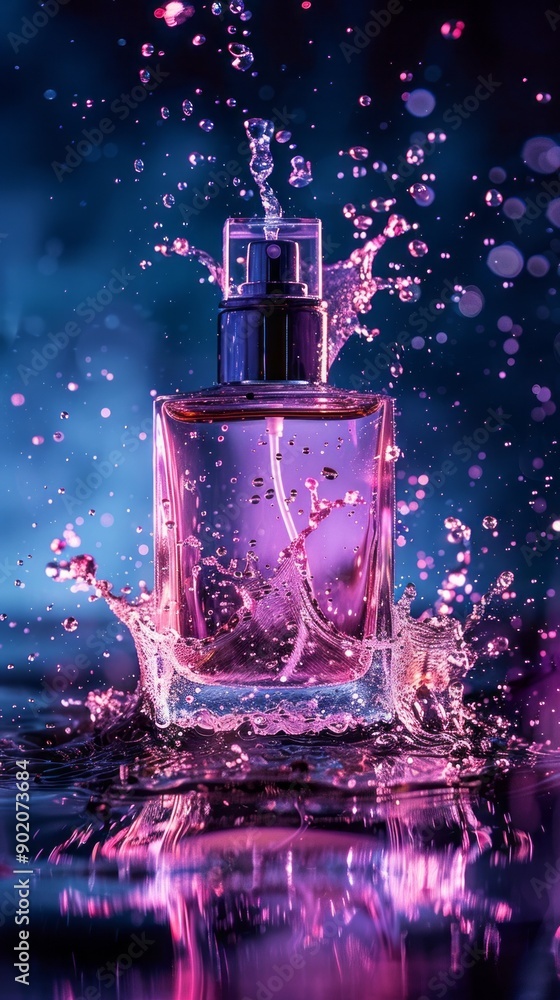 Poster A bottle of perfume is splashing water, creating a beautiful and artistic effect