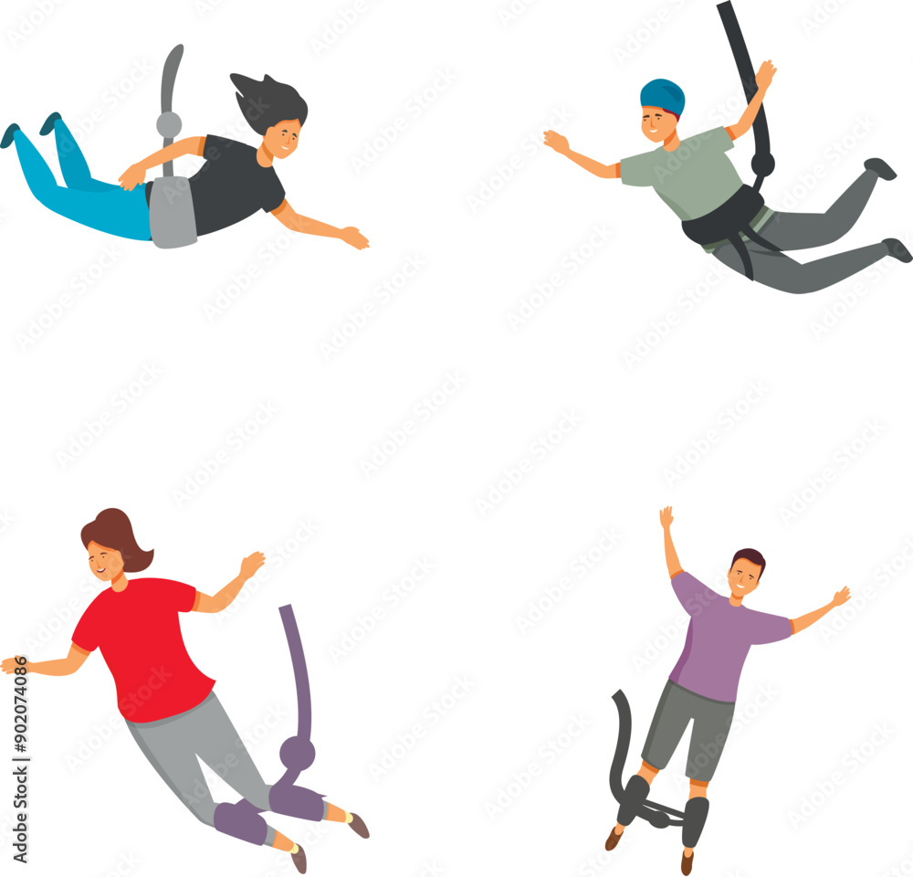 Poster set of four vector illustrations showing diverse individuals in dynamic free fall positions