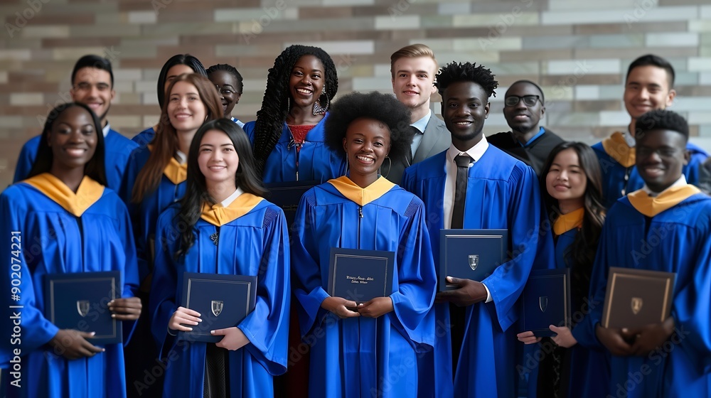 Poster portrait of a group of smiling happy multiracial diverse graduates students standing in a row in a b