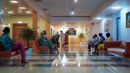 Obraz premium Establishing Shot of Active Local Indian Health Clinic Lobby Representing Modern and Advanced Healthcare Services with Nurses and Doctors Diverse Patients Waiting in Reception Hall in : Generative AI