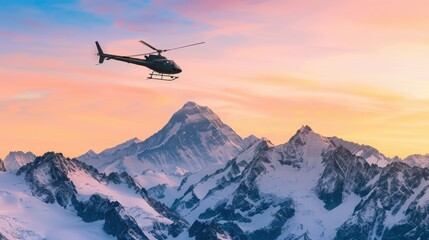 Fototapeta na wymiar A helicopter soaring above majestic snow-capped mountains during a stunning sunset, showcasing nature's beauty and adventure.