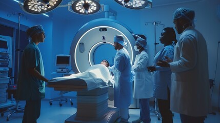 Image of round scanner against diverse male and female surgeons discussing before surgery Medical healthcare technology concept : Generative AI