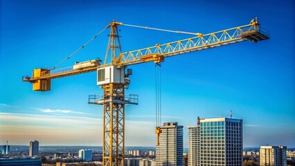 Fototapeta premium Construction crane on the skyline against a clear blue sky, construction, crane, building, development, industry, machinery