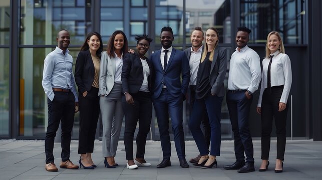 Cheerful smiling team of diverse business people in formal suit looking confident at camera with positive faces gathered outside the work building Happy corporate work team posing for  : Generative AI