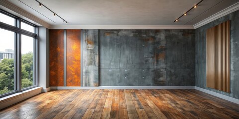 Empty wall in modern room with old wooden floor, gray and rust color painted walls, empty, wall, modern, room, old, wooden floor