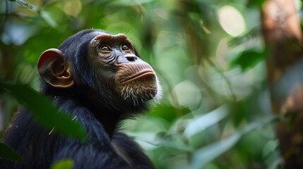 Chimpanzee in the forest Chimp in the protected Kibale forest Safari in Uganda African wildlife : Generative AI