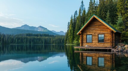 Fototapeta premium A serene log cabin by a calm lake, surrounded by lush green trees and majestic mountains under a clear blue sky.
