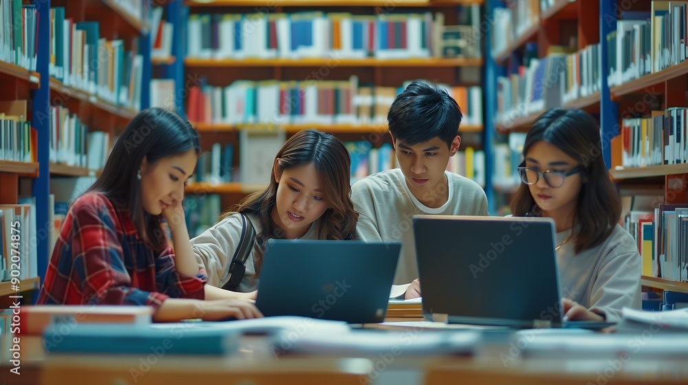 Poster Students group and happy in library for education learning and reading test results or news on computer Young college people on laptop for solution research or studying with support he : Generative AI