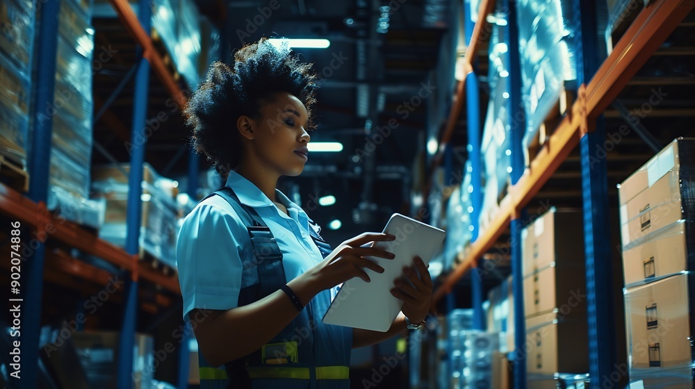 Aufkleber female professional using tablet quality checking car parts worker in warehouse supervisor importexp