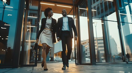 Fototapeta premium Happy confident african american business people walking out of modern office center after successful meeting LowAngle shot with copy space : Generative AI