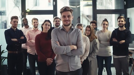 Obraz premium Group people and man in portrait at startup with smile support or creativity in modern office Women staff and happy for team building for solidarity at media agency for collaboration i : Generative AI