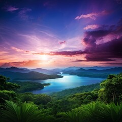 Beautiful view of tropic mountains with bright beautiful sunset