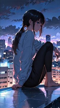 Anime girl in rain on roof in sade mood, motion video 