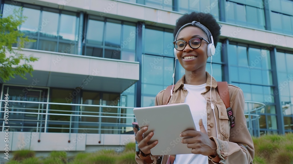 Aufkleber elearning happy black woman student using tablet computer wearing headphones standing near modern un