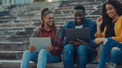 Happy diverse university student friends doing homework together sitting on campus steps Higher education and technology concept : Generative AI