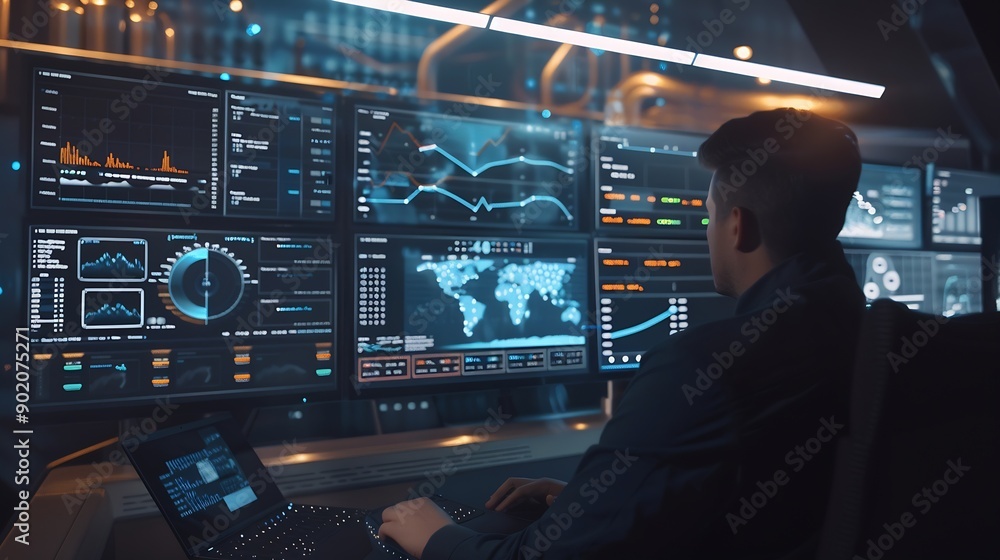 Poster Analyst utilizing technology and dashboard with charts data science and Big Data technology for business Strategic data management system with KPI organization performance with technol : Generative AI