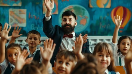Fototapeta premium Smart schoolchildren classmates students pupils listening to the teacher at lesson class raising their hands Excellent marks Attendancy academic performance concept : Generative AI