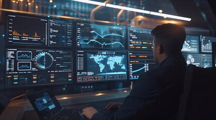 Fototapeta premium Analyst utilizing technology and dashboard with charts data science and Big Data technology for business Strategic data management system with KPI organization performance with technol : Generative AI