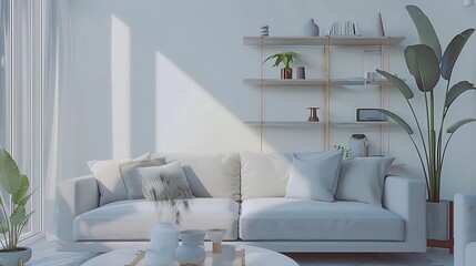 Interior of light living room with sofa shelving units and coffee table : Generative AI