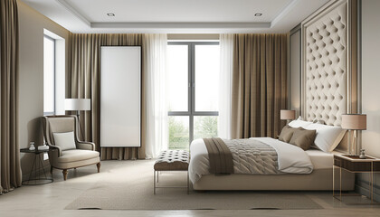 Sleek hotel room with open layout with empty frame