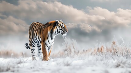 Obraz premium Careful amur tiger is standing on a white snow and looking away Siberian tiger Panthera tigris tigris Animals in wildlife : Generative AI