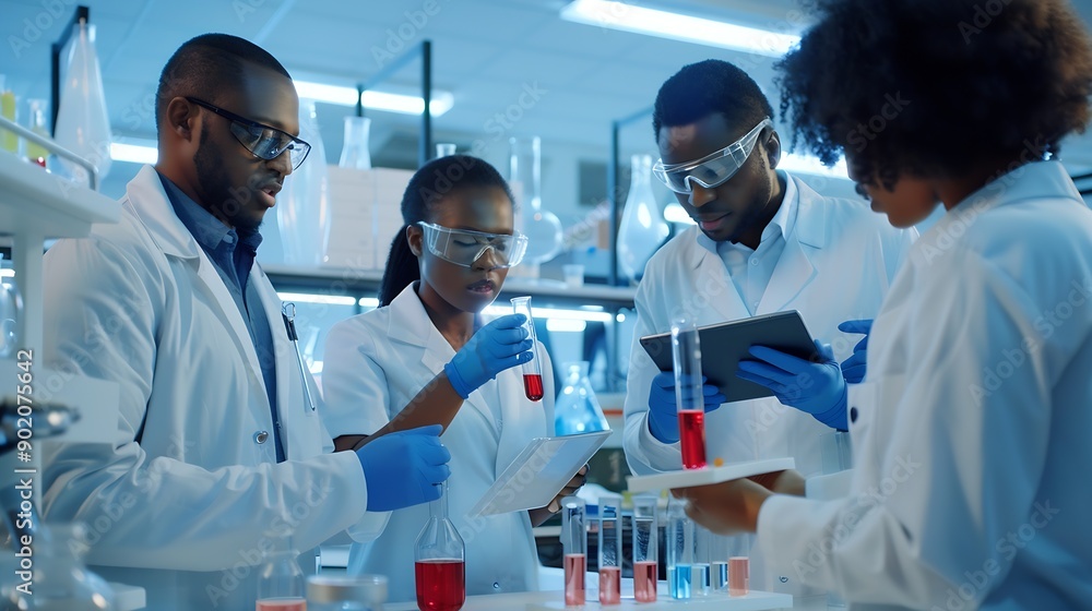 Poster science teamwork and scientist with tablet in laboratory for communication pharmaceutical review or 