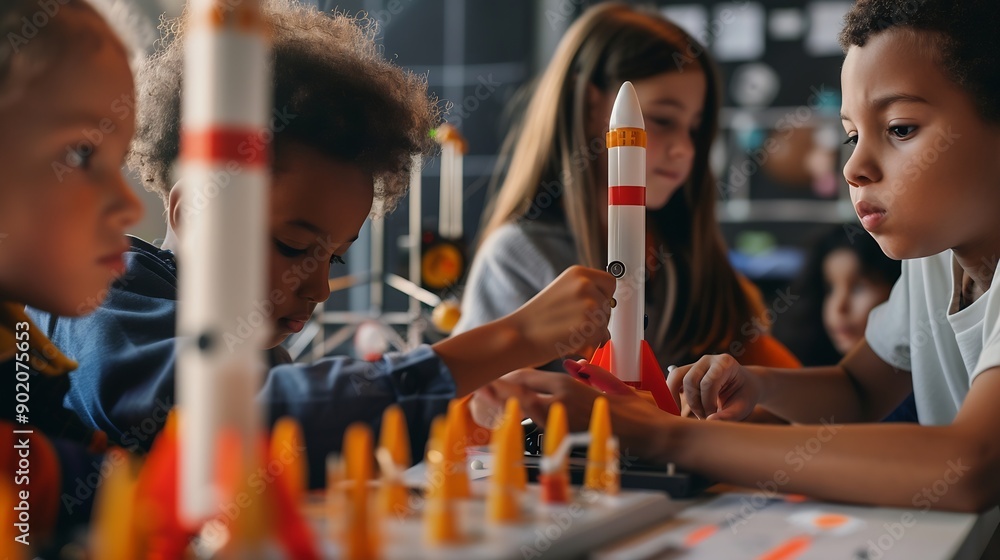 Poster Elementary School Students Sitting Behind a Table in a Group Building a Space Rocket Model for a Science and Technology Fair Young Boys and Girls Wish to Become Engineers and Space Exp : Generative AI
