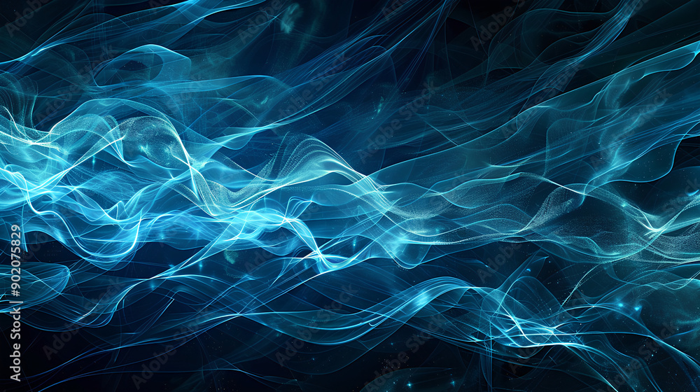 Poster abstract blue tech background with digital waves, dynamic network system, artificial neural connecti