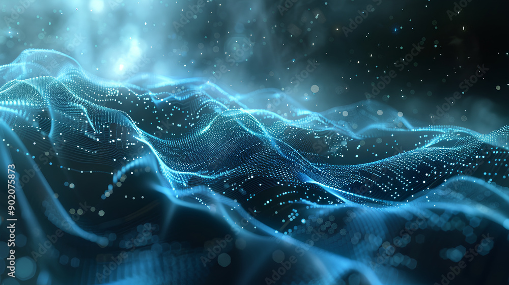 Poster abstract blue tech background with digital waves, dynamic network system, artificial neural connecti