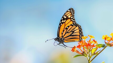 Obraz premium Beautiful spring summer image of monarch butterfly on orange lantana flower against blue sky on bright sunny day in nature macro : Generative AI