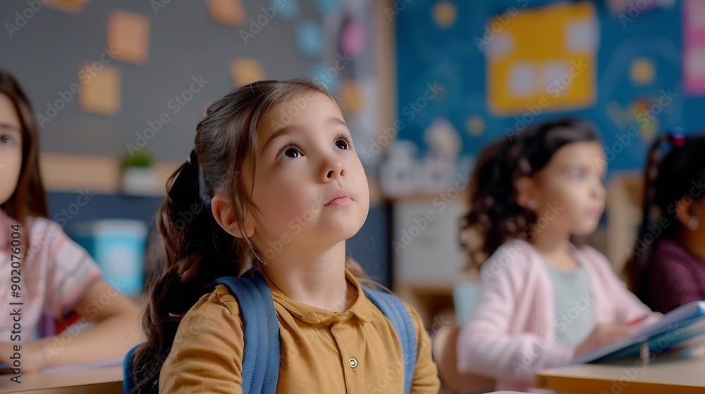 Aufkleber talented small girl asking teacher a question in class portrait of a happy elementary school student