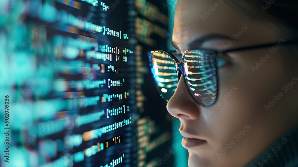 Fototapete Software coding hologram and woman in data analytics information technology and gdpr overlay Programmer or IT person in glasses reading script programming and cybersecurity research on : Generative AI