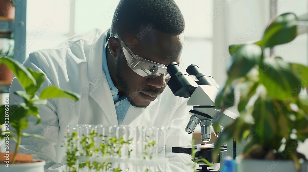 Aufkleber black man scientist and lab with test tube research microscope and focus for agriculture study with 