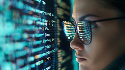 Software coding hologram and woman in data analytics information technology and gdpr overlay Programmer or IT person in glasses reading script programming and cybersecurity research on : Generative AI