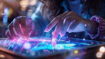 Engaging with Diverse ELearning Opportunities on Tablet An individual taps into a variety of elearning options on a tablet highlighting the diverse educational content available digita : Generative AI