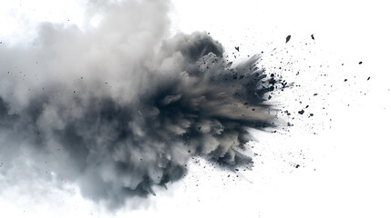 Abstract flying dust and debris, dirt cloud explode smoke cloud, a soft dust explode cloudy on white background