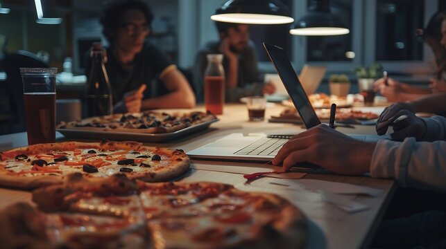 Business meeting laptop and people for design at night in office creative agency and overtime food for project Teamwork support and problem solving in pizza planning for deadline and d : Generative AI