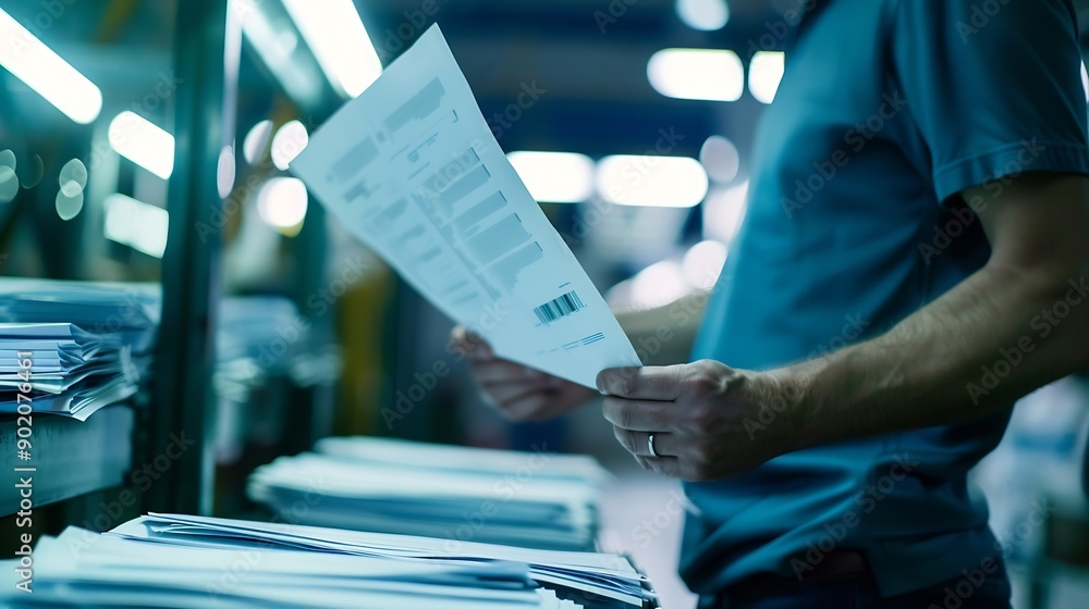 Aufkleber Exporting supervisor in charge of producing receipts for item administration tracking delivery and transportation requirements Manufacturing operator going over records for order submi : Generative AI