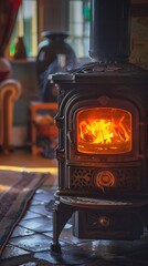 Burning fireplace in a cozy living room. Warm and inviting ambiance for cold winter nights.