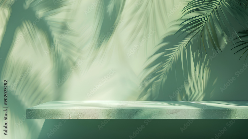 Poster abstract green background with shadow of palm leaves on the wall, empty table for product presentati