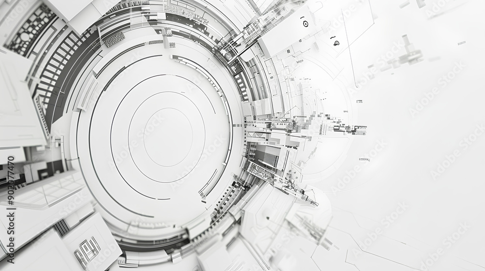 Poster abstract grey and white technology background with various tech elements, conveying a hi-tech commun